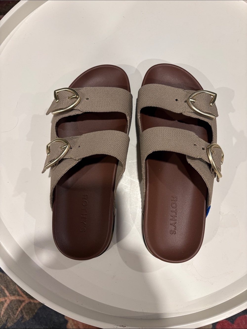 Rothy's Double-Strap Sandals in Taupe and Brown with Gold Buckles